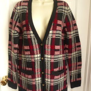 Bob Jimley AKA Sweater Cardigan M Heavy Wool Knit Plaid Button Down Elbow Patche